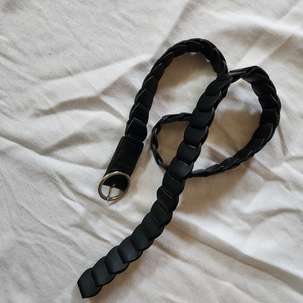 Genuine Leather Braided Belt Black Round Silver Buckle M/L - Picture 2 of 4